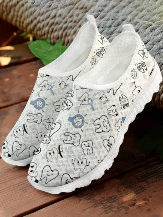 Women Shoes Tennis - Weiße Cartoon-Zahndruck-Mesh-Sneaker, hochwertige Freizeitschuhe für Damen,