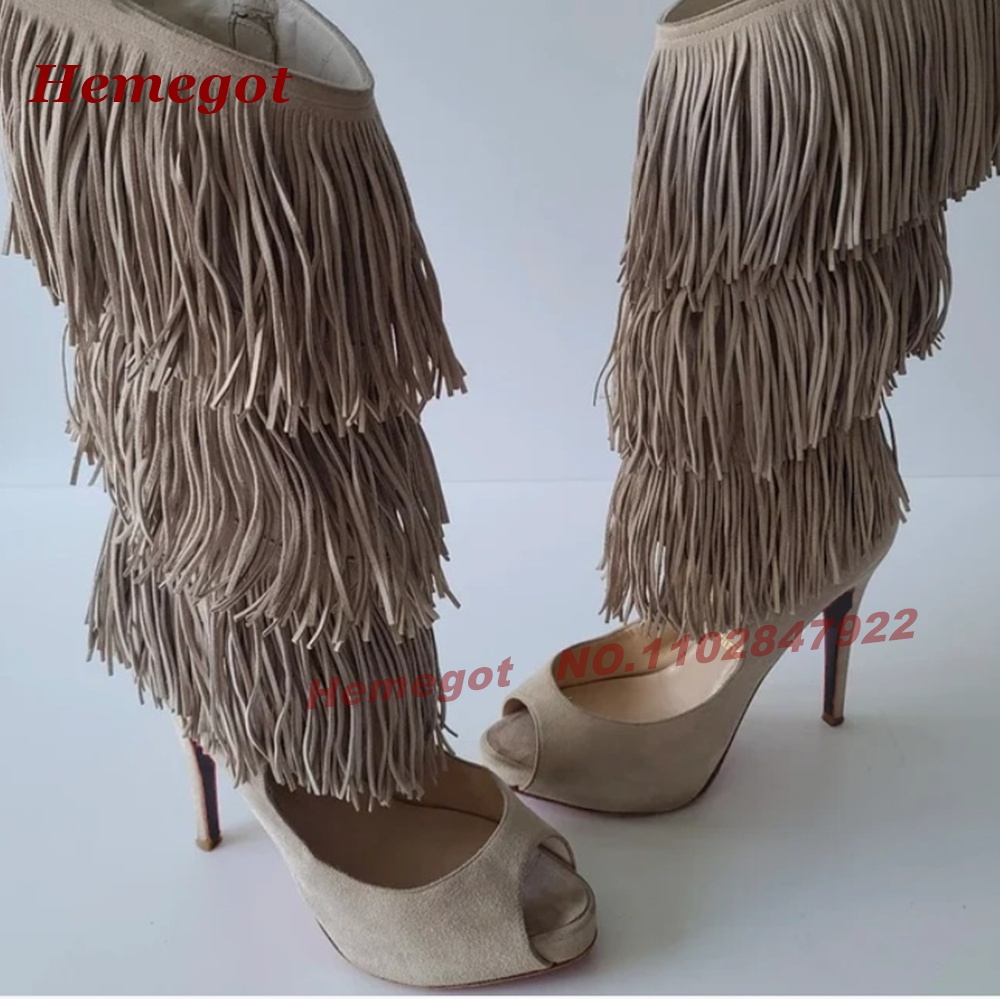 Knee High Boots Women - Mehrstufige Fransen-Peeptoe-High-Heel-Sandalenstiefel aus Wildleder mit Plateauabsatz,