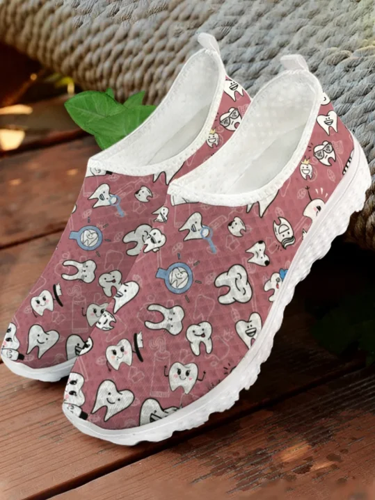 Weiße Cartoon-Zahndruck-Mesh-S – Women Shoes Tennis Bewertung und Preis
