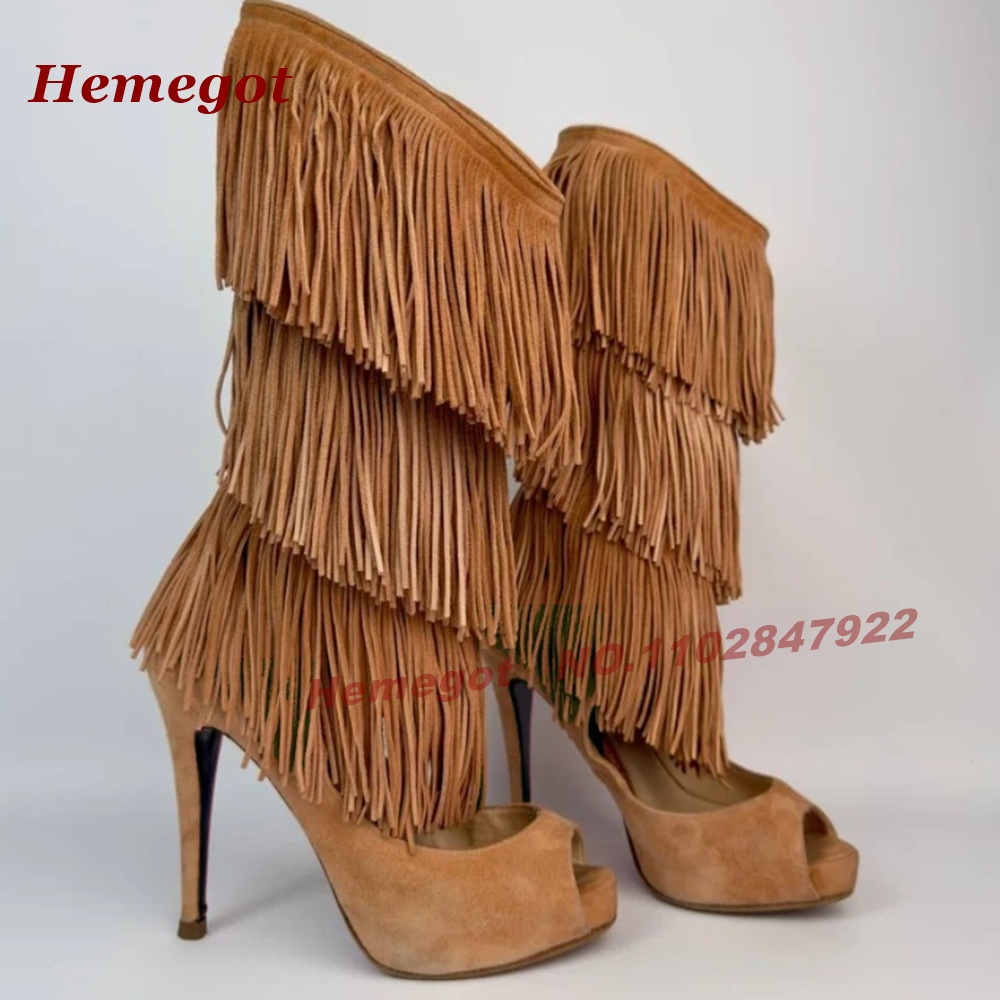 Mehrstufige Fransen-Peeptoe-Hi – Knee High Boots Women Bewertung und Preis